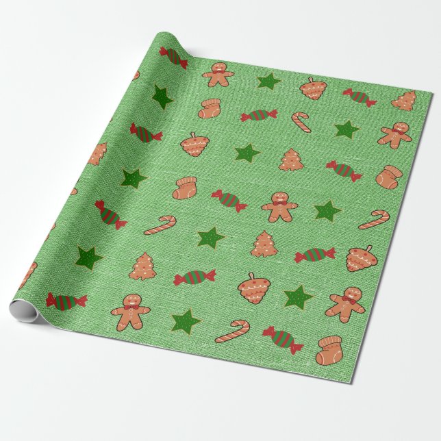 God jul Cute Candy Socks Grönt Stars Presentpapper (Utrullad)