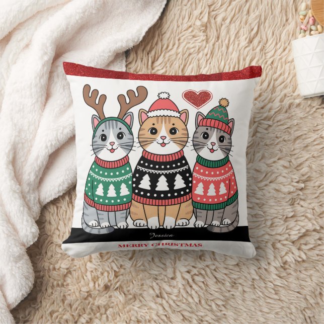 God jul Cute Cats Personlig Namn Kudde (Filt)
