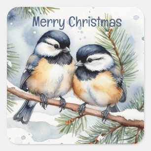 God jul Cute Chickadee Birds Fyrkantigt Klistermärke