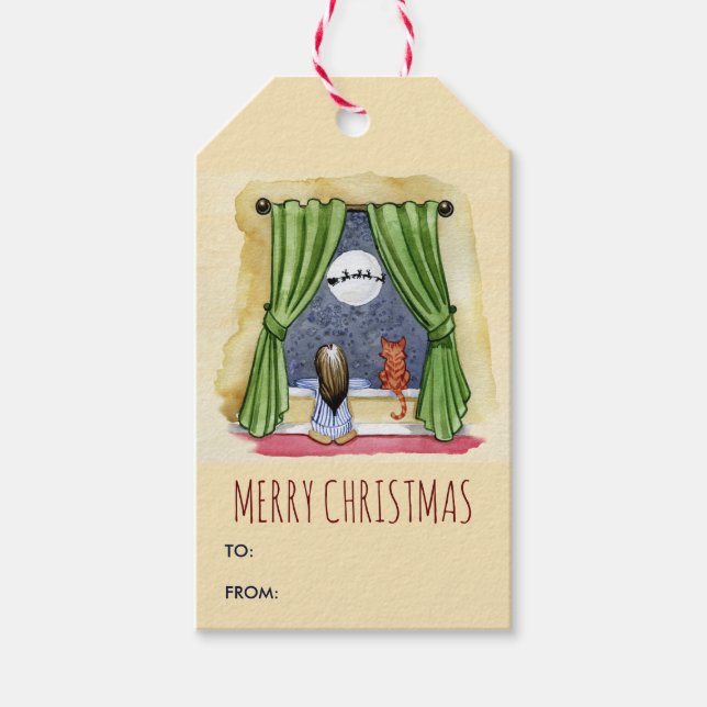 God jul Cute Child & Kattunge Julafton Presentetikett (Framsidan)