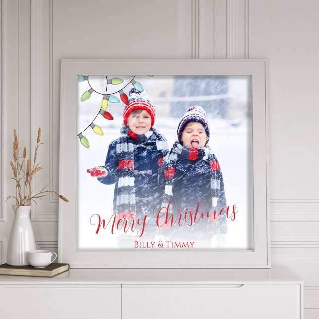God jul Cute Colorful String Ljus Fototryck (Merry Christmas calligraphy script photo print with a string of lights. )