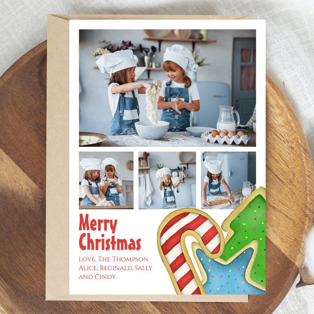 God jul Cute Cookie Photo Collage Julkort (Merry Christmas Custom Photo Card with cute cookie theme.)