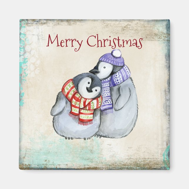 God jul Cute Cuddling Penguins Magnet (Framsidan)