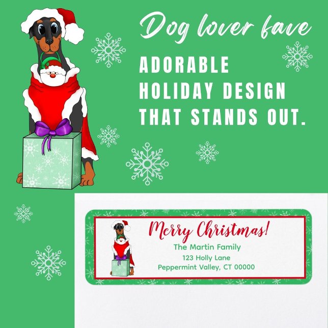 God jul Cute Doberman i Santa Outfit Returadress Etikett (Skapare uppladdad)