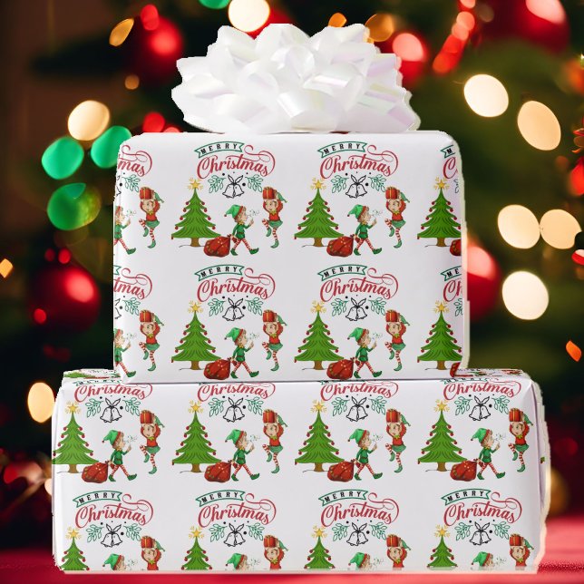 God jul Cute Elves & Träd DIY Presentpapper (Skapare uppladdad)