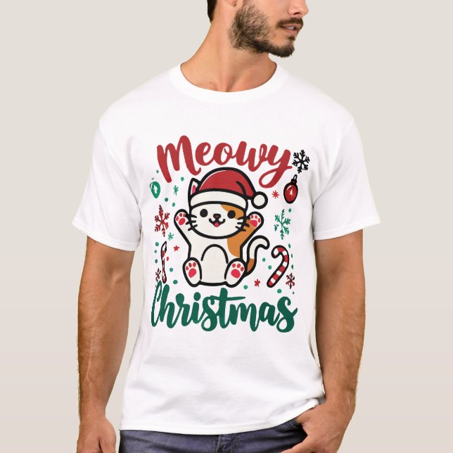 God jul - Cute Festive Cat Helgdag T Shirt (Framsida)