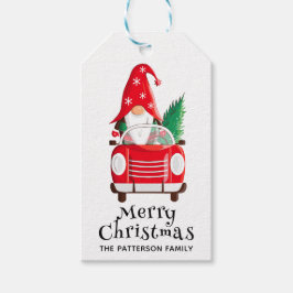God jul Cute Gnome Red Car Träd Presentetikett
