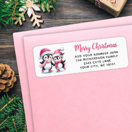 God jul Cute Ice Skating Penguins Rosa Returadress Etikett