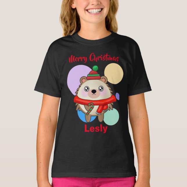God jul Cute Kawaii Friendly Hedgehog T Shirt (Framsida)