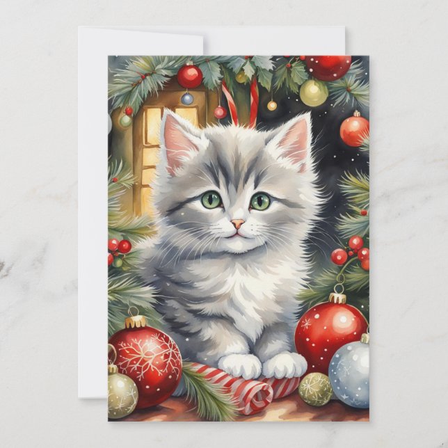 God jul Cute Kitten med prydnadsföremål Julkort (Framsida)
