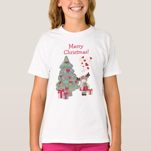 God jul - Cute Little Girl, Träd, Presenter T Shirt (Framsida)