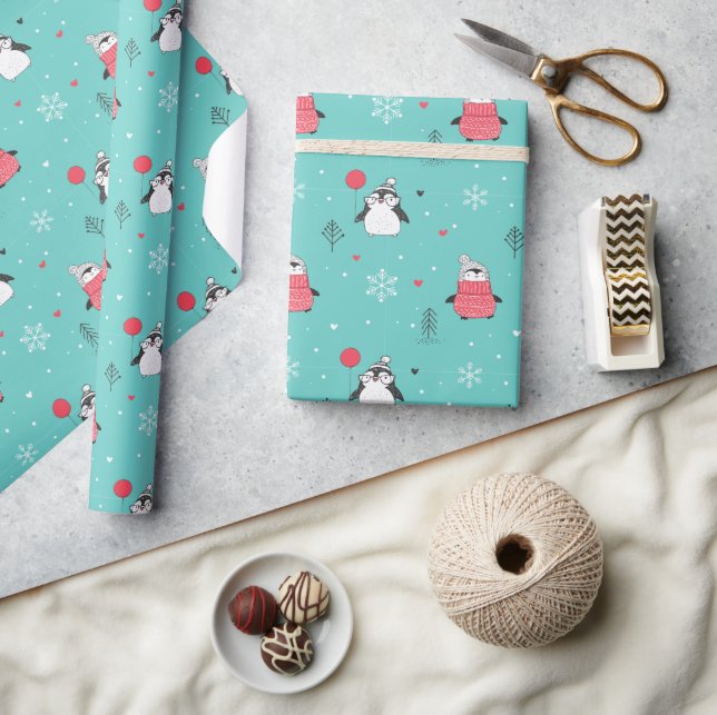 God jul Cute Lycklig Penguin i Hats Blue Presentpapper (Hantverk)