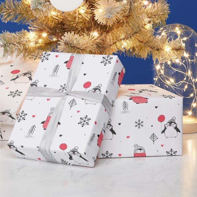 God jul Cute Lycklig Penguin i Hats White Presentpapper (Helgdagar)