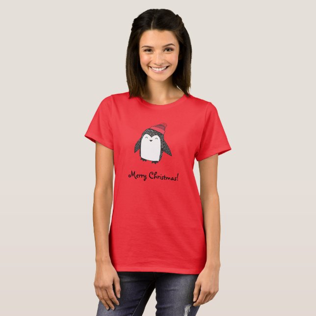 God jul Cute Lycklig Penguin i Red Winter Hat T Shirt (Hel framsida)