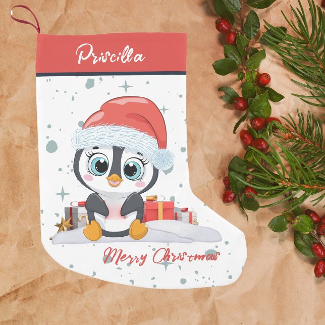 God jul Cute Lycklig Penguin med Snö Liten Julstrumpa (Skapare uppladdad)