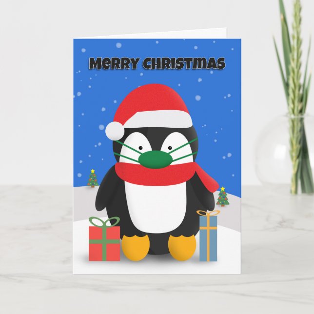 God jul Cute Penguin i pandemisk Ansikte-mask Helgkort (Framsida)