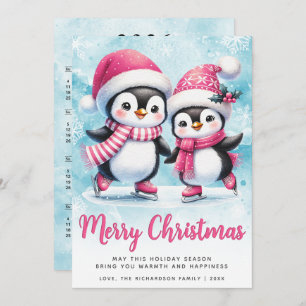 God jul Cute Penguin Ice Skater Blue Rosa Julkort