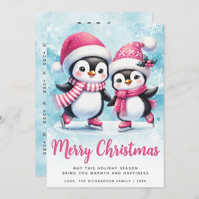 God jul Cute Penguin Ice Skater Blue Rosa Julkort (Fram/baksida)