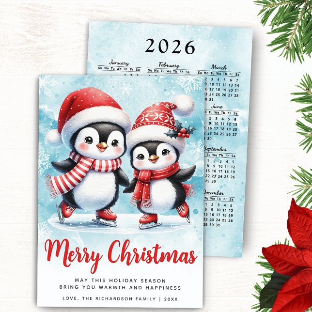 God jul Cute Penguin Ice Skater Red Blue Julkort (Merry Christmas Holiday Card with Cute Penguins Ice Skaters and 2026 Calendar, Red and Blue Design)