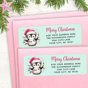 God jul Cute Penguin med Ljus Rosa Mint Returadress Etikett
