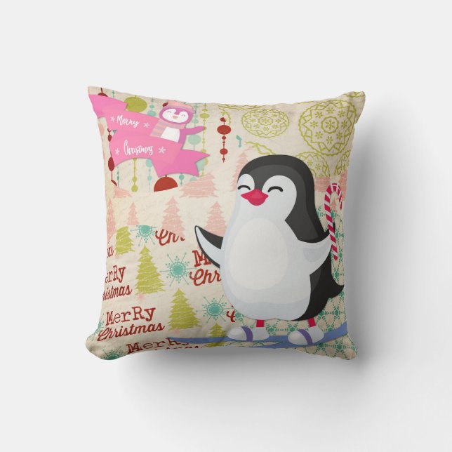 God jul Cute Penguin Rosa Dekorativ kudde (Framsida)