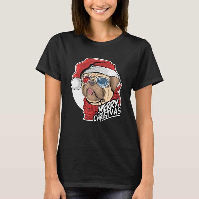 God jul Cute Pug-Hund vid tomten T Shirt (Framsida)