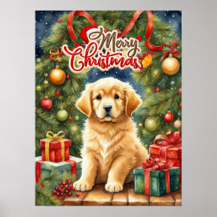 God jul Cute Puppy och Julgran Poster