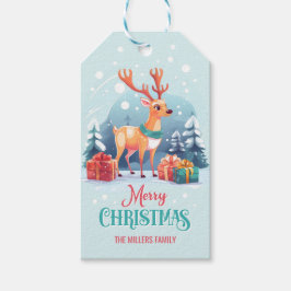 God jul Cute Reindeer Snowy Background Presentetikett