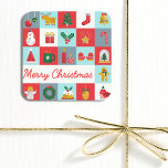 God jul Cute Retro Winter-julikoner Fyrkantigt Klistermärke<br><div class="desc">God jul Cute Retro Vinterjulen Ikoner Julfären Ikoner med texten "God jul" i modern röd manustypografi accentuerad med julikoner som renar,  träd,  strumpor,  klockor,  snögubbe,  gåva,  krans,  holly,  stjärna,  candy cane,  gingerbröd,  ängel med mera. Designad av Evco Helgdagars www.zazzzle.com/store/evcoholidays</div>