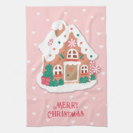 God jul Cute Rosa Snowy Gingerbröd House Kökshandduk