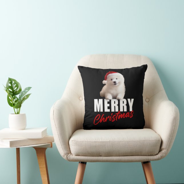 God jul Cute Samoyed Puppy med Santa Hat Kudde (Stol)