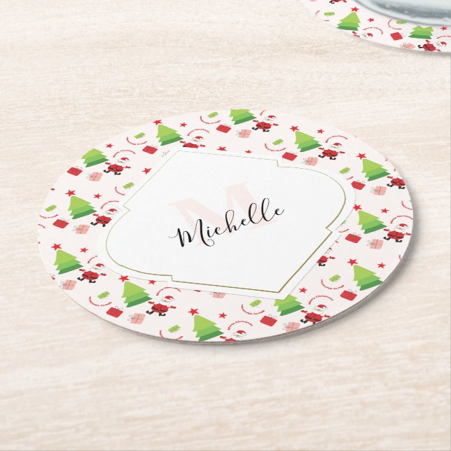 God jul Cute Santa Monogram Underlägg Papper Rund (Vinklad)