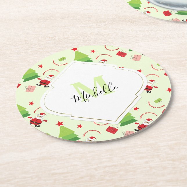 God jul Cute Santa Monogram Underlägg Papper Rund (Vinklad)