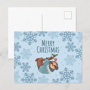 God jul Cute Sloth och Blue Snöflingor Vykort