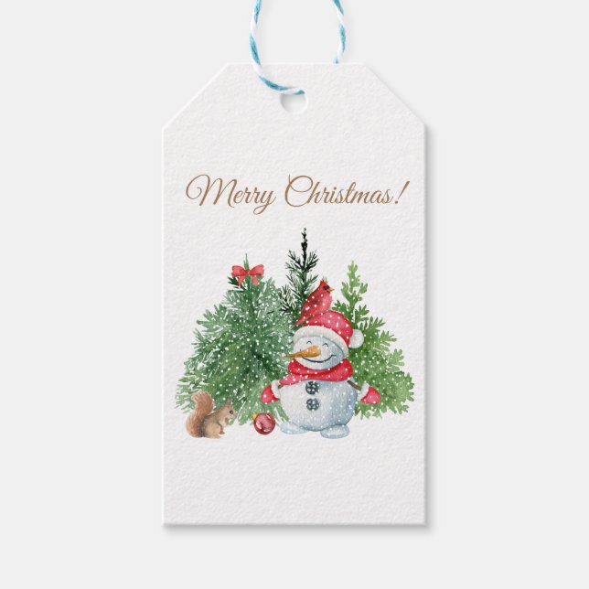 God jul Cute Snögubbe, ekorre, kardinal Presentetikett (Framsidan)