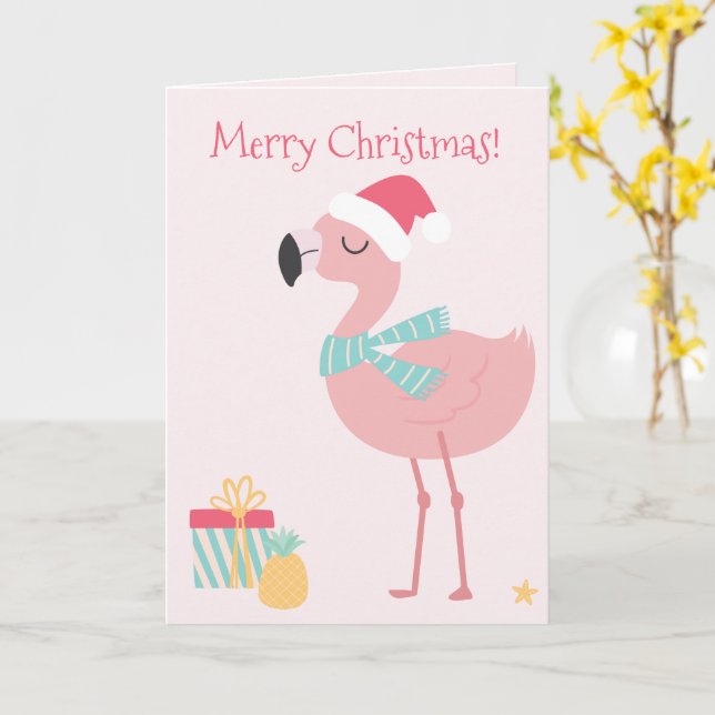 God jul! Cute Tropical Santa Flamingo Kort (Gul blomma)