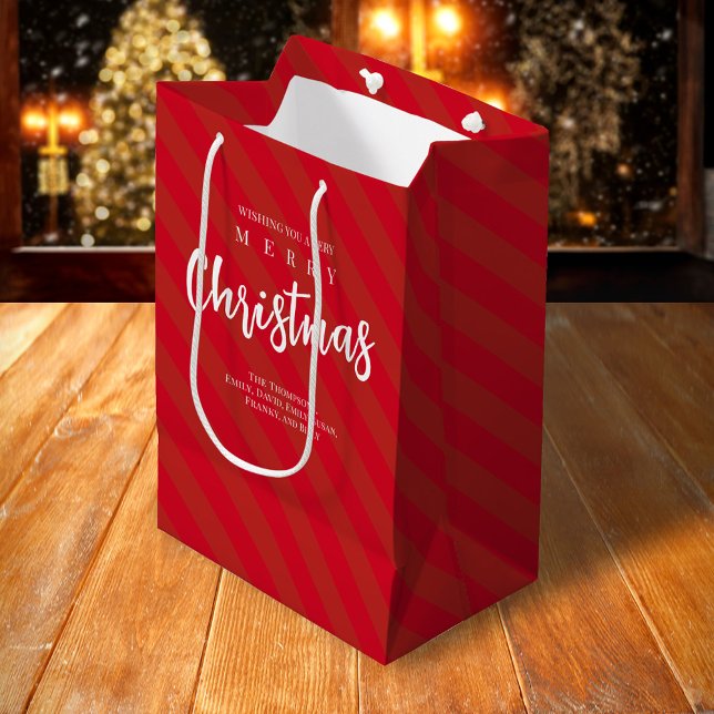 God jul Cute Whimsical Red Stripe Roligt (Merry Christmas holiday white calligraphy script striped gift bag.)