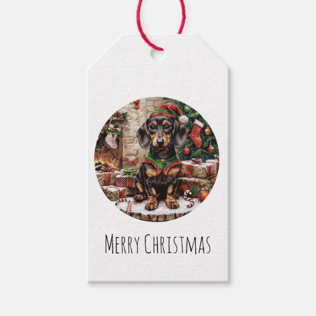God jul Dachshund Hundar Elf Presentetikett (Framsidan)