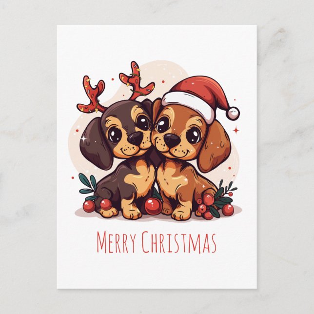 God Jul Dachshund Hundar Helg Vykort (Framsida)