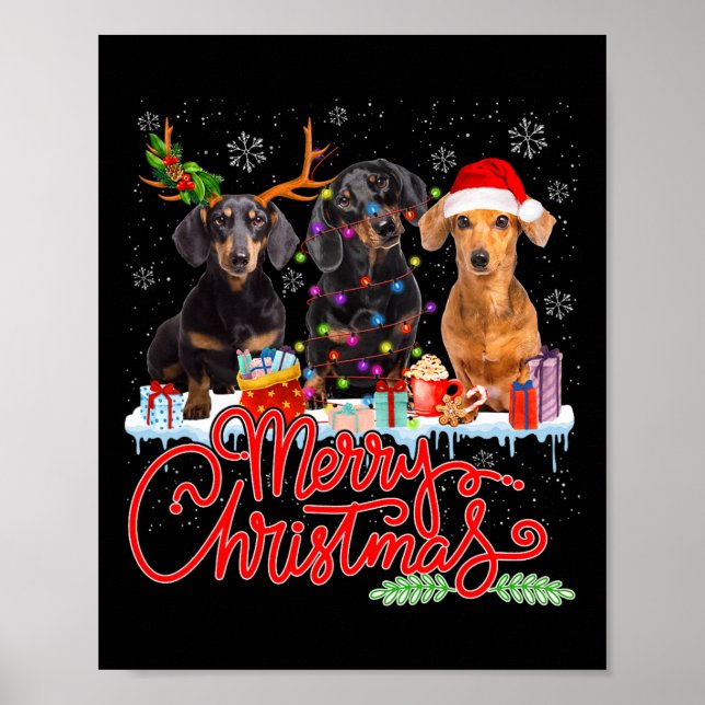 God jul Dachshund Hundar Santa Reindeer Ligh Poster (Framsidan)