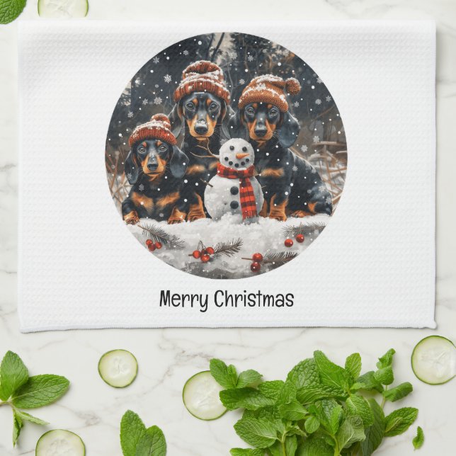 God jul Dachshund Hundar Snögubbe Kökshandduk (Vikta)