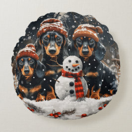 God jul Dachshund Hundar Snögubbe Rund Kudde