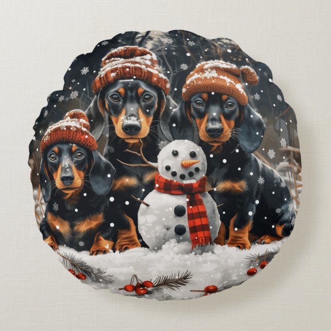 God jul Dachshund Hundar Snögubbe Rund Kudde (Framsidan)