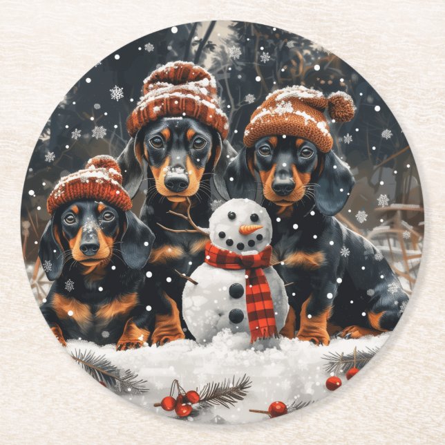 God jul Dachshund Hundar Snögubbe Underlägg Papper Rund (Framsidan)