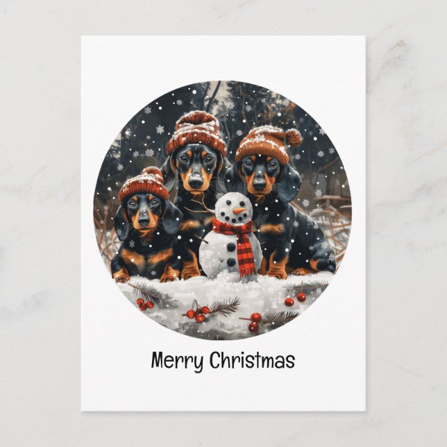 God jul Dachshund Hundar Snögubbe Vykort (Framsida)