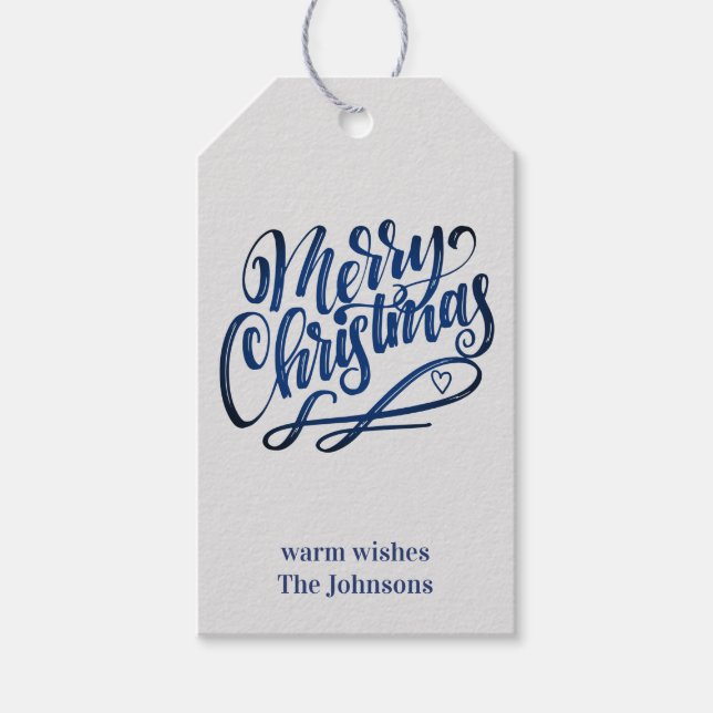 God Jul Deep Blue Brush Script | Grå Presentetikett (Framsidan)