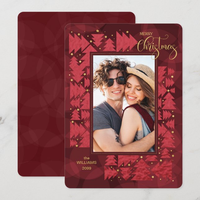 God jul Deep Red Helgdag Träd Photo Julkort (Fram/baksida)