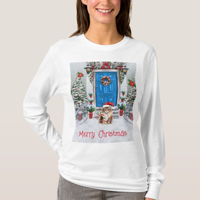 God jul dekorerat hus med Santa Kattunge T Shirt (Framsida)