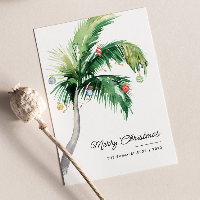 God jul dekorerat kusten Handflatan Träd Julkort (Merry Christmas Palm Tree Family Greetings Card)