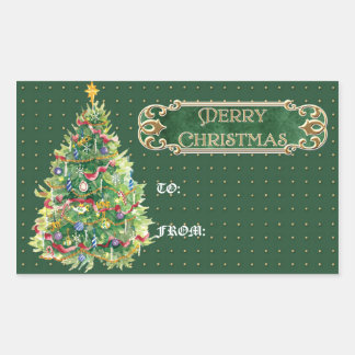 God jul dekorerat Träd Star Guld Swirl Rektangulärt Klistermärke